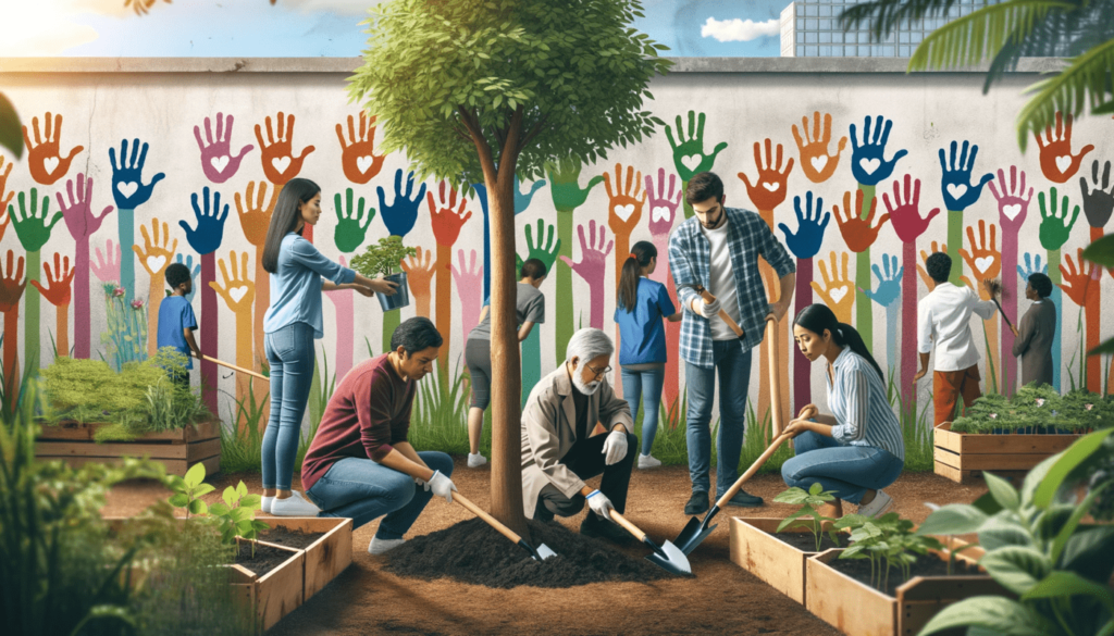 Personas plantando un árbol en comunidad