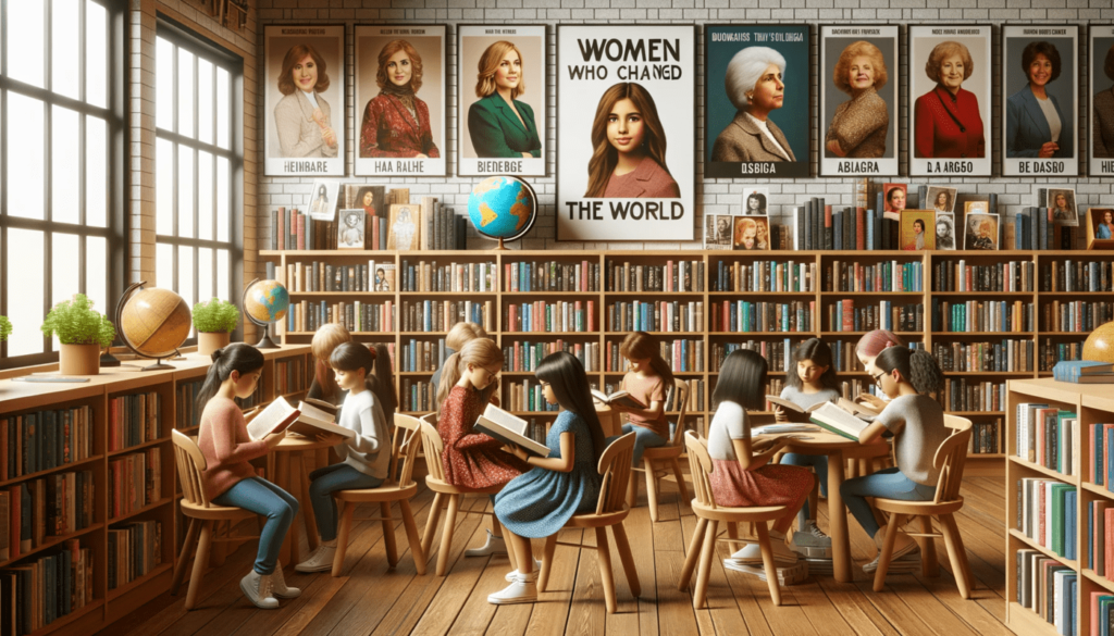 Niñas en una biblioteca con imágenes de mujeres líderes atrás